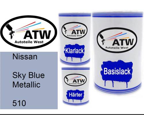 Nissan, Sky Blue Metallic, 510: 500ml Lackdose + 500ml Klarlack + 250ml Härter - Set, von ATW Autoteile West.